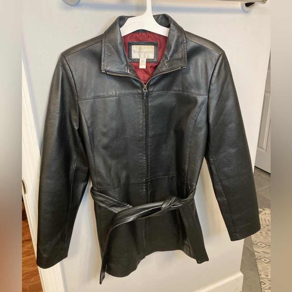 Worthington Leather Jacket Women's Large Black Full Zip Belted